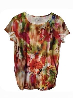 CHICO’S Hawaiian Hibiscus Flower Blouse, Women’s Chico Size 1, Multicolor